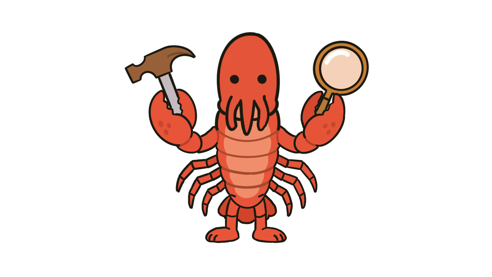 HOMARD lobster holding a hammer and a magnifying glass
